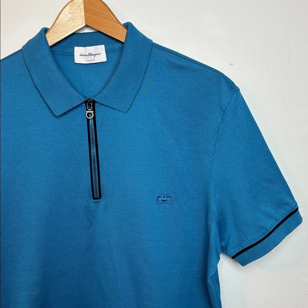 Salvatore Ferragamo Men's Large Zip-Up‎ Polo Shirt Blue Designer